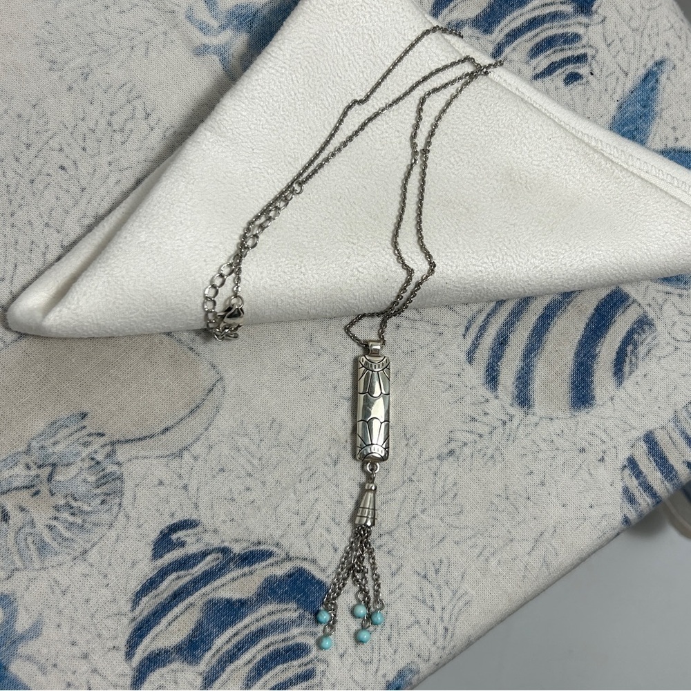 Brighton Marrakesh Mesa Necklace Tassel Turquoise Hue Silver Plated Etched Bar - Picture 8 of 15